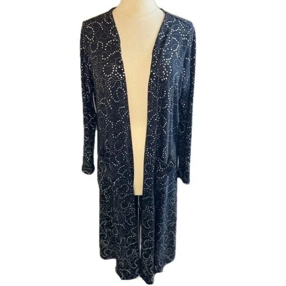 LULA‎ ROE Elegant Sarah Black & Silver Metallic Longline Duster Cardigan, Large